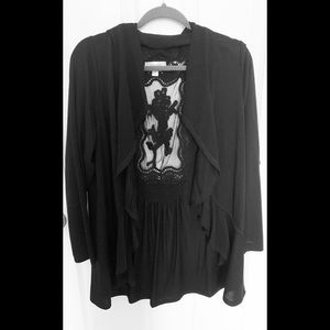 Dress Barn Black Long Sleeve Open Front Sweater with Lace Detail